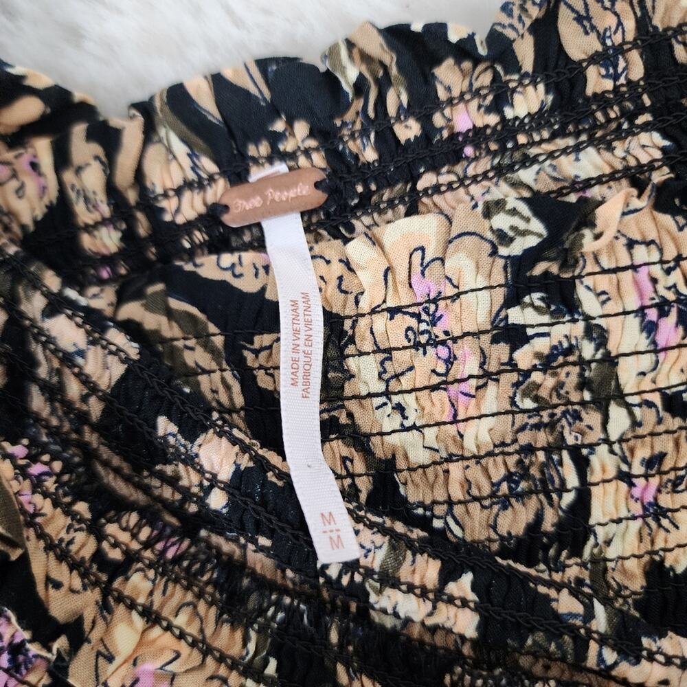 Free People East To West Smocked Off Shoulder Top Black Gold Floral Blouse M FP - Picture 5 of 14
